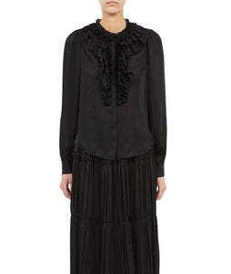 Rouen Silk Ruffle Front Long Sleeve Blouse- Noir