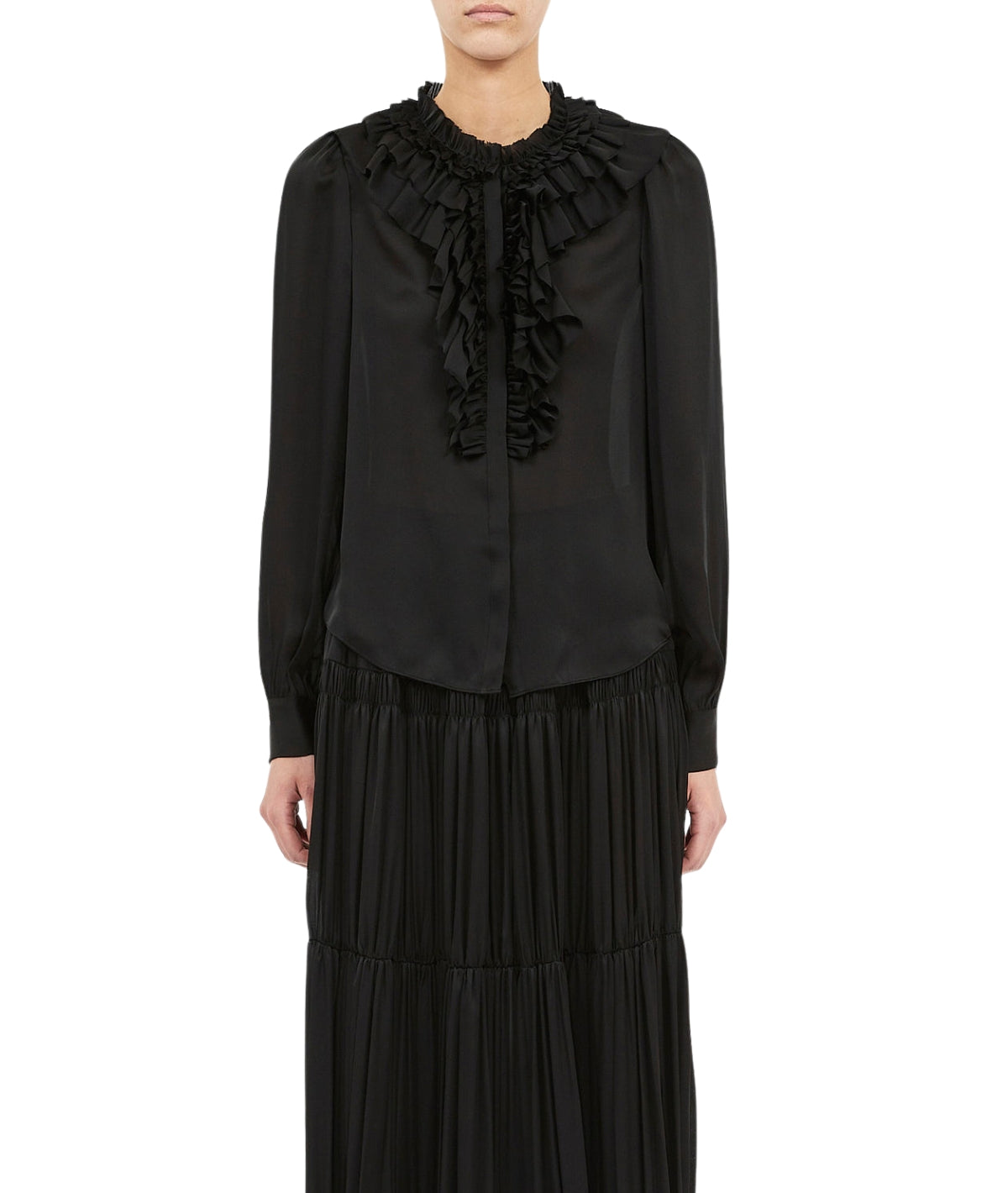 Rouen Silk Ruffle Front Long Sleeve Blouse- Noir