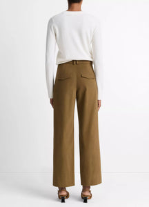 Mid Rise Faux Leather Trim Straight Leg Pant- Olive