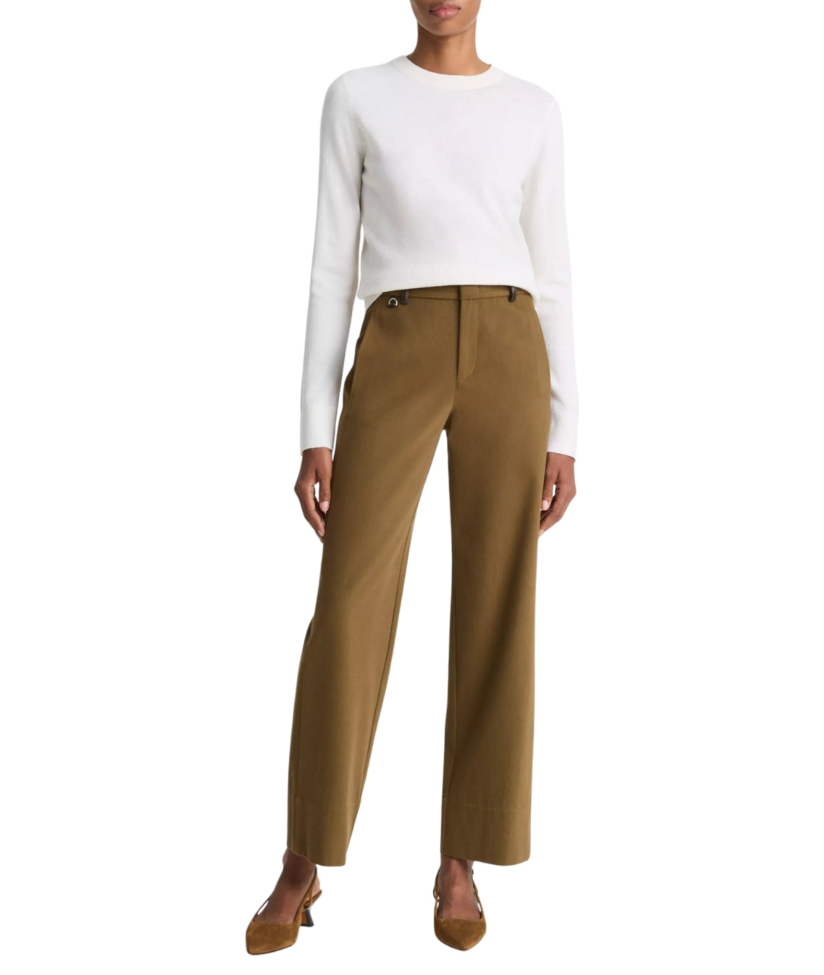 Mid Rise Faux Leather Trim Straight Leg Pant- Olive
