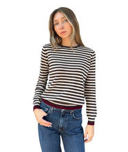 Tipped Little Stripe Crew Sweater- Pluto Limestone Burgundy