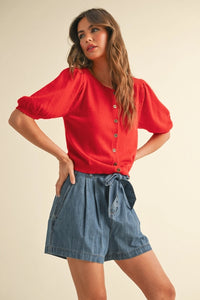 Marissa Scalloped Short Sleeve Sweater- Red