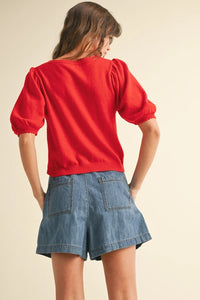 Marissa Scalloped Short Sleeve Sweater- Red