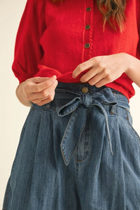 Marissa Scalloped Short Sleeve Sweater- Red