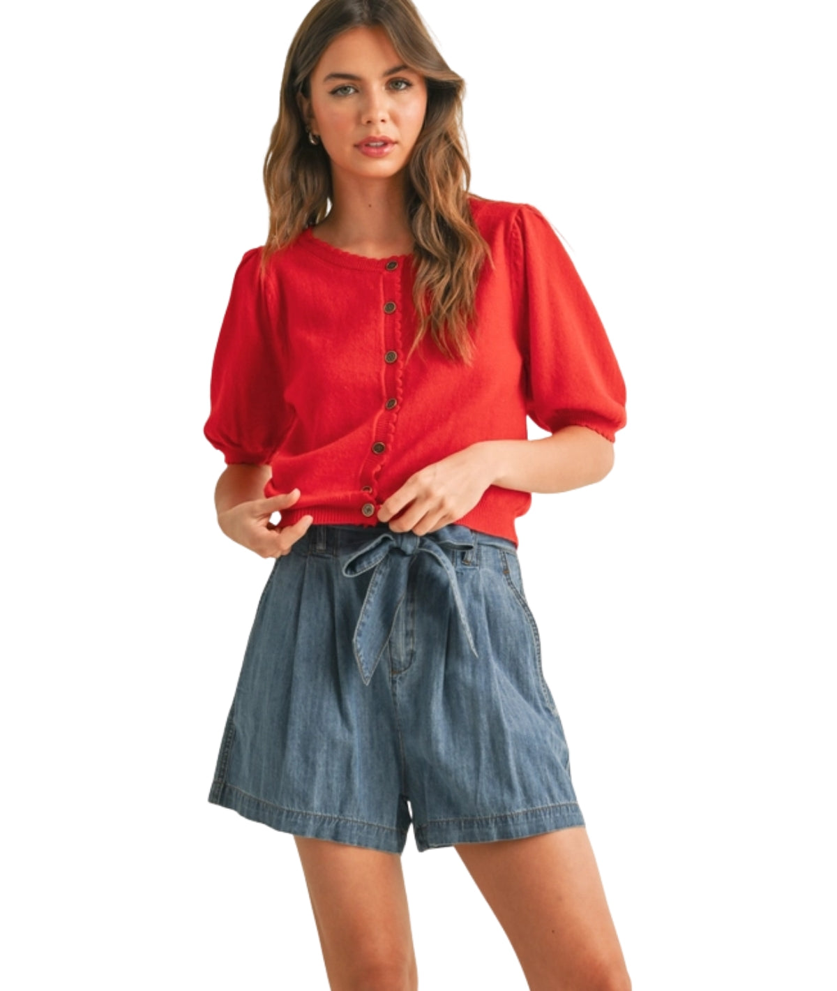 Marissa Scalloped Short Sleeve Sweater- Red