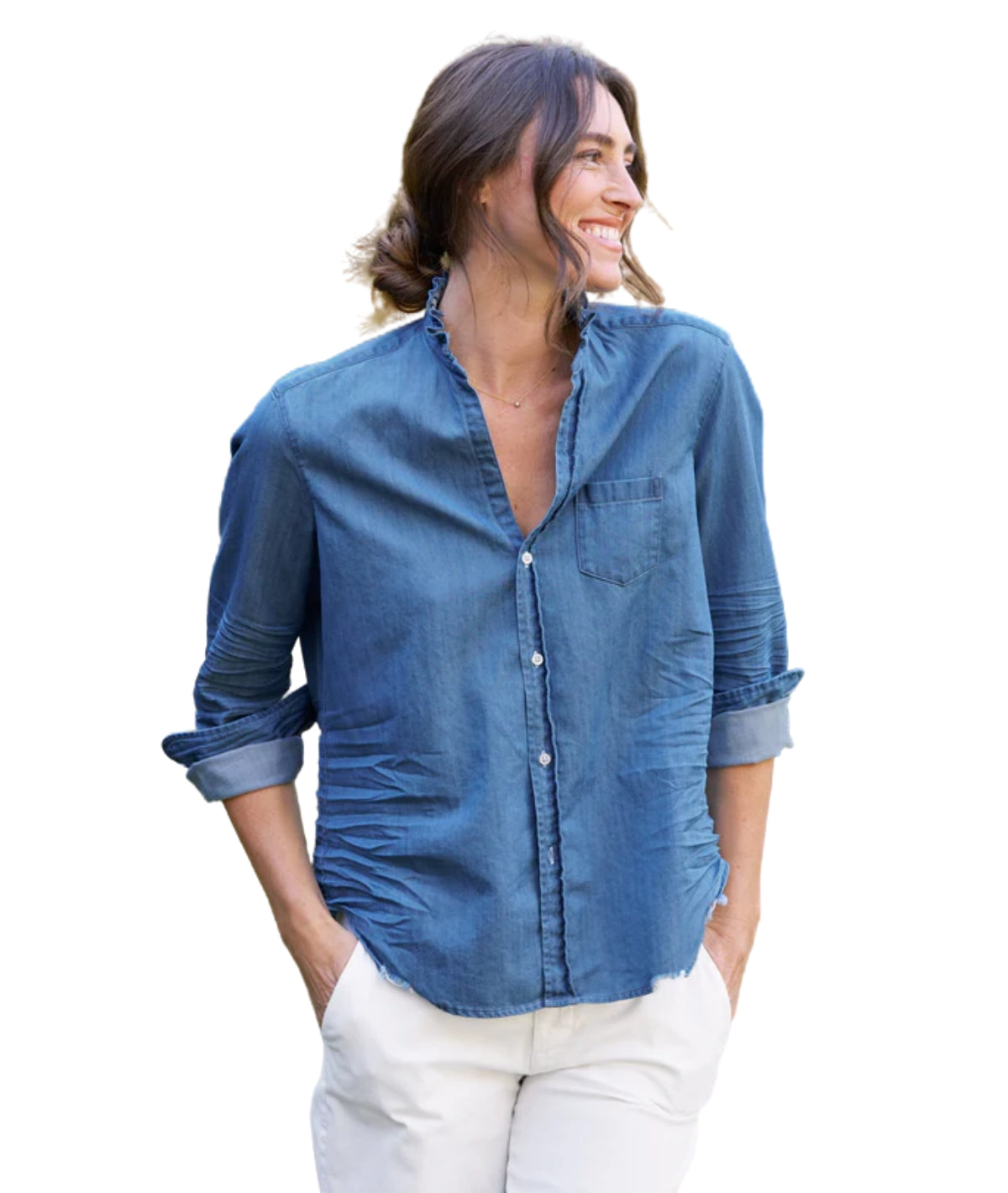Ruffleeiln Relaxed Button- Up Shirt- Vintage Stonewashed Indigo