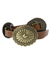 The Tooled Leather Concho Belt- Cognac W/ Brass