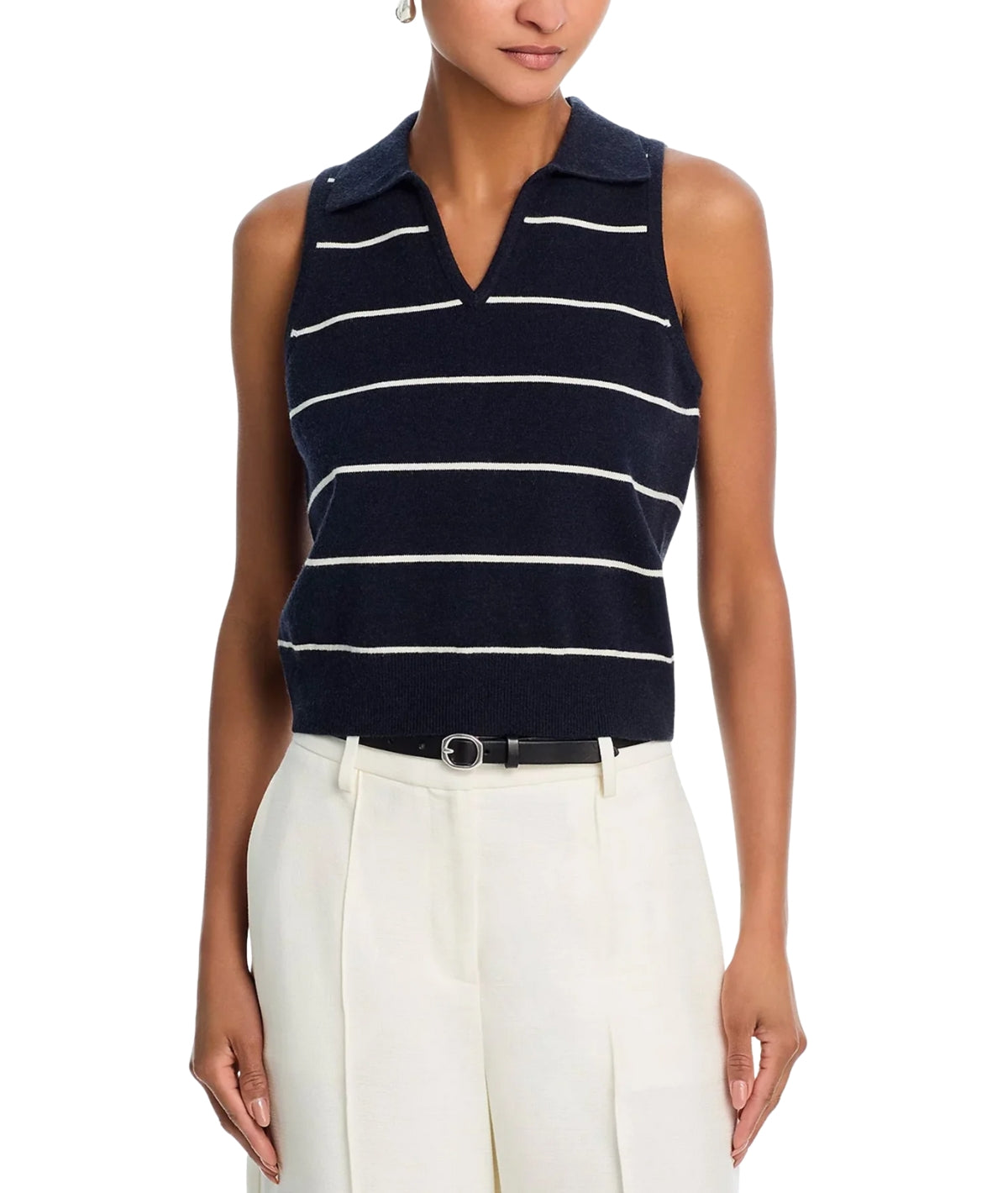 Sloane Knit Collared Top- Marine/ Porcelain