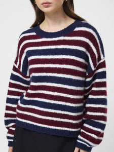 Chunky Alpaca Crew Neck Pullover- Cabernet/ Royal Blue