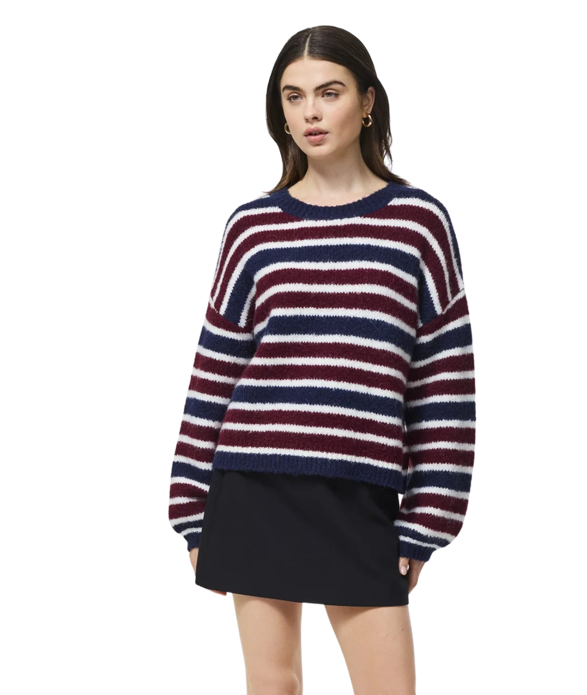 Chunky Alpaca Crew Neck Pullover- Cabernet/ Royal Blue