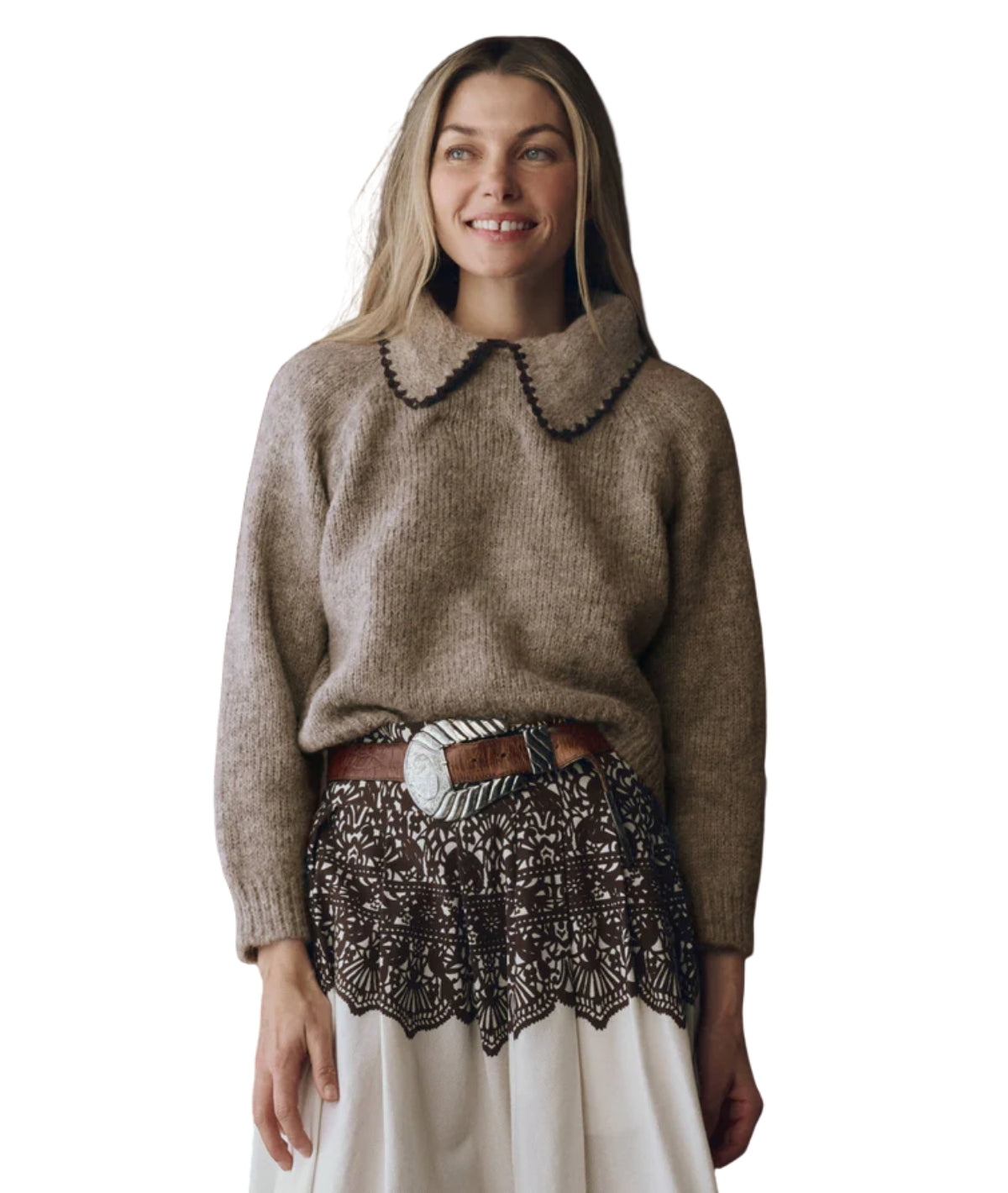 The Crochet Collar Pullover- Oat W/ Brown