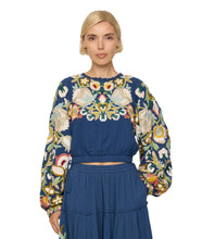 Wilhelmina Embellished Long Sleeve Top- Blue