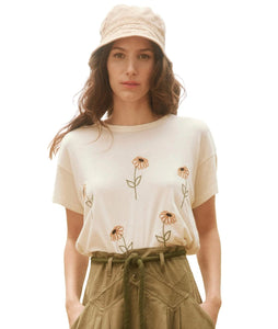 The Boxy Crew w/ Weeping Daisy Embroidery- Washed White