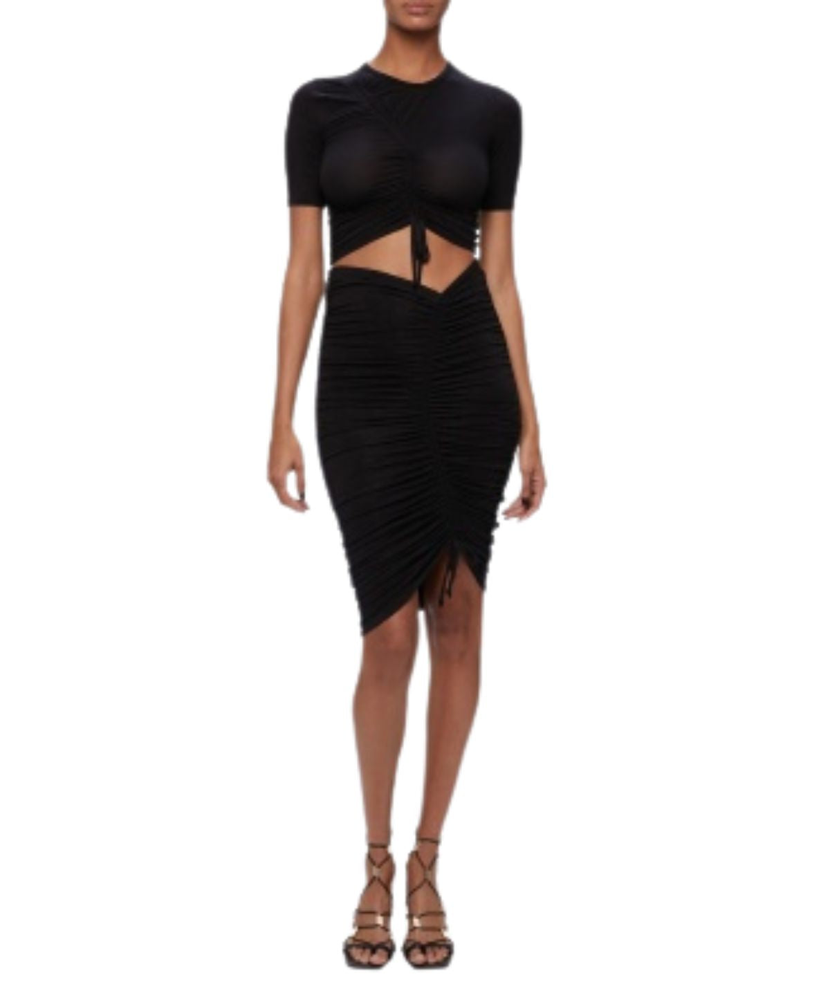 Anya Matte Jersey Ruched Midi Skirt- Black
